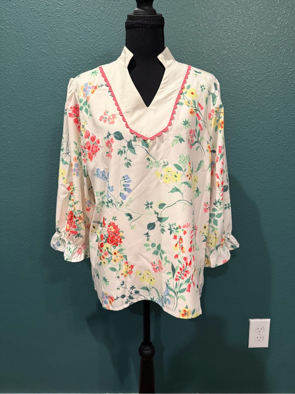 Floral V-Neck Ruffle Sleeve Blouse - Cream with Multicolor Print
